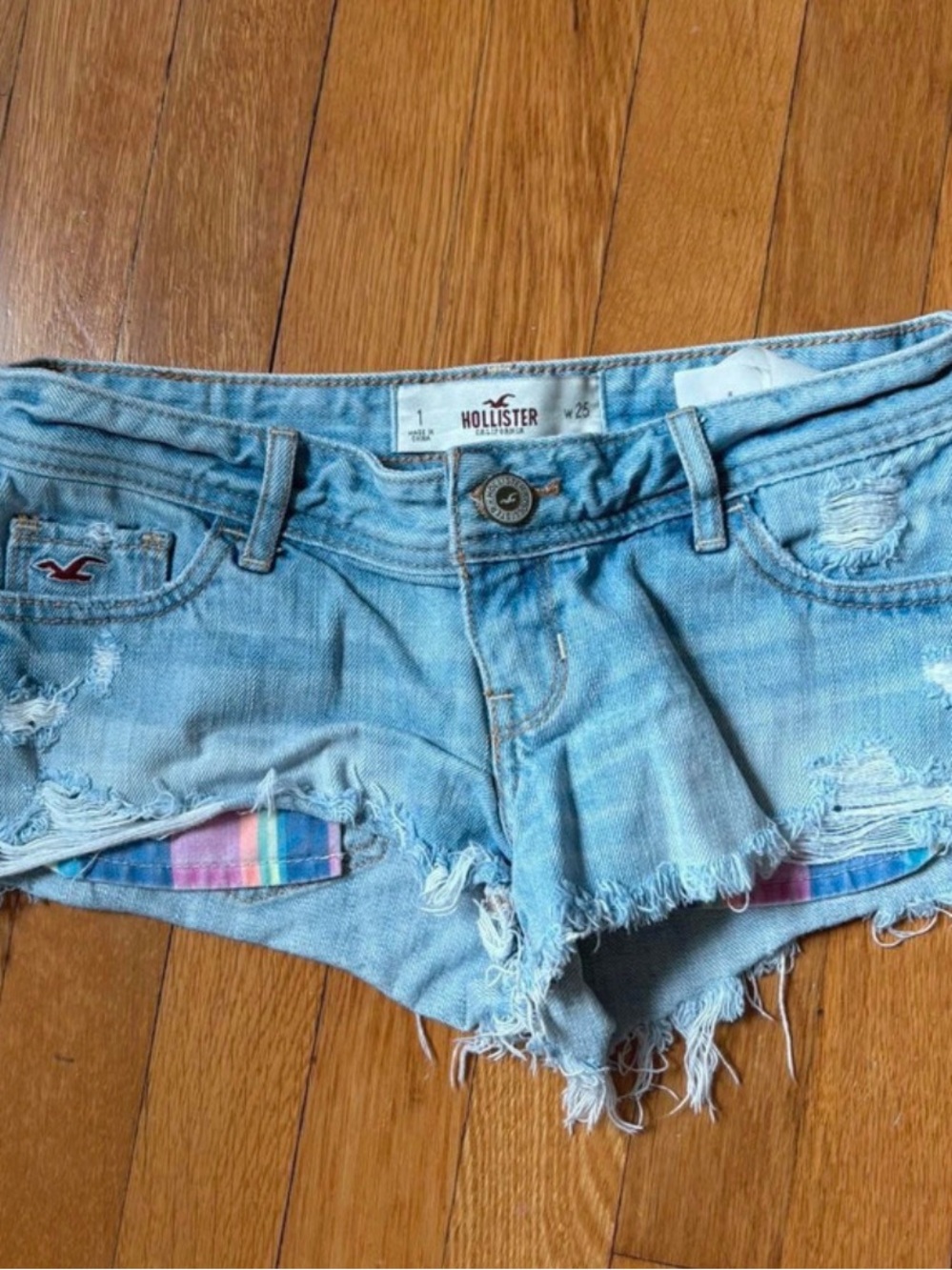 Hollister Light Wash Distressed Denim Cutoff Shorts with Rainbow Patch